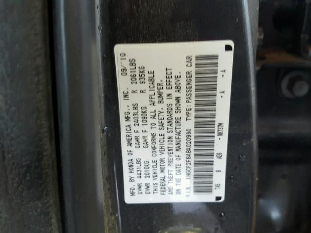 1HGCP2F84BA020994 - 2011 HONDA ACCORD EXL GRAY photo 10