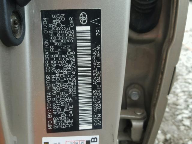 JTDBE32K740275848 - 2004 TOYOTA CAMRY LE TAN photo 10