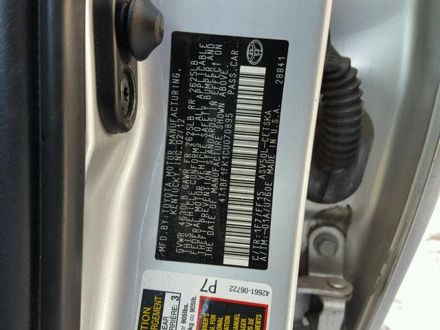 4T1BF1FK1CU070895 - 2012 TOYOTA CAMRY BASE SILVER photo 10