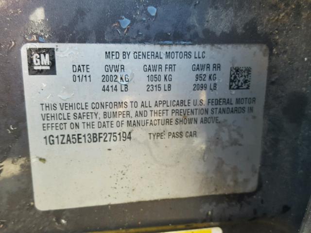 1G1ZA5E13BF275194 - 2011 CHEVROLET MALIBU LS Boz foto 10