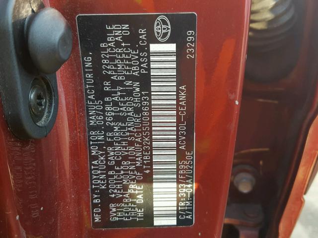 4T1BE32K55U086931 - 2005 TOYOTA CAMRY LE BURGUNDY photo 10