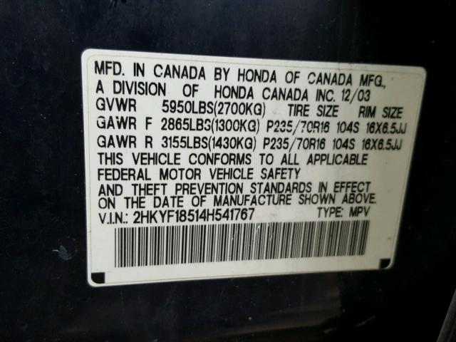 2HKYF18514H541767 - 2004 HONDA PILOT EXL BLUE photo 10