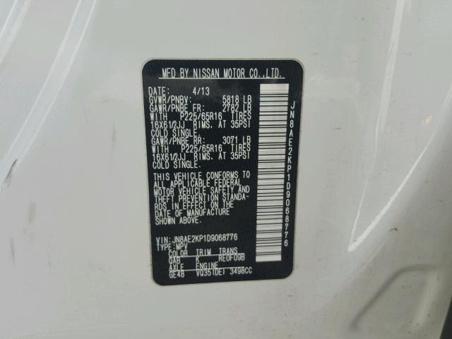 JN8AE2KP1D9068776 - 2013 NISSAN QUEST S CREAM photo 10