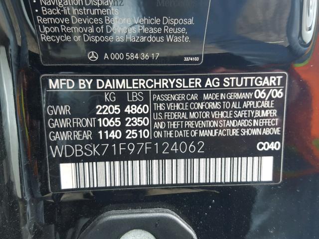 WDBSK71F97F124062 - 2007 MERCEDES-BENZ SL 550 BLACK photo 10