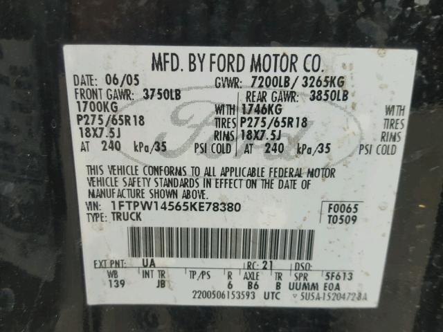 1FTPW14565KE78380 - 2005 FORD F150 SUPER BLACK photo 10