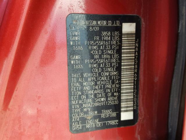 JN8AZ28R69T125030 - 2009 NISSAN CUBE BASE RED photo 10