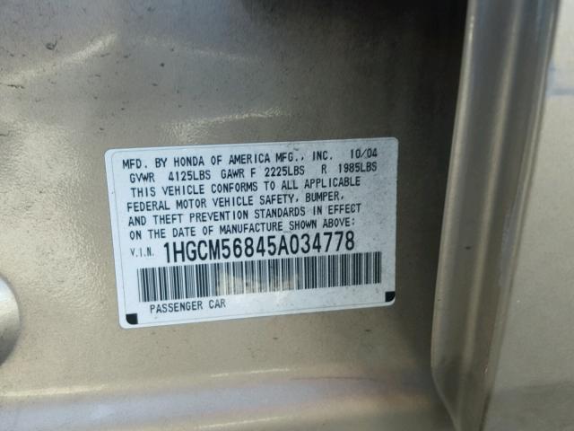 1HGCM56845A034778 - 2005 HONDA ACCORD EX GOLD photo 10