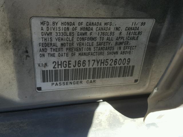 2HGEJ6617YH526009 - 2000 HONDA CIVIC BASE SILVER photo 10