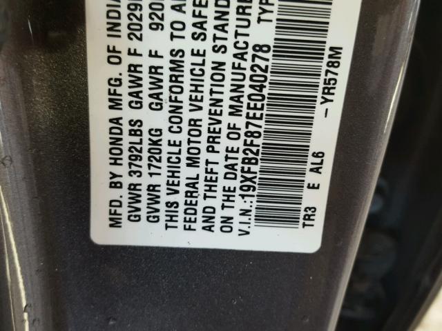 19XFB2F87EE040278 - 2014 HONDA CIVIC EX GRAY photo 10