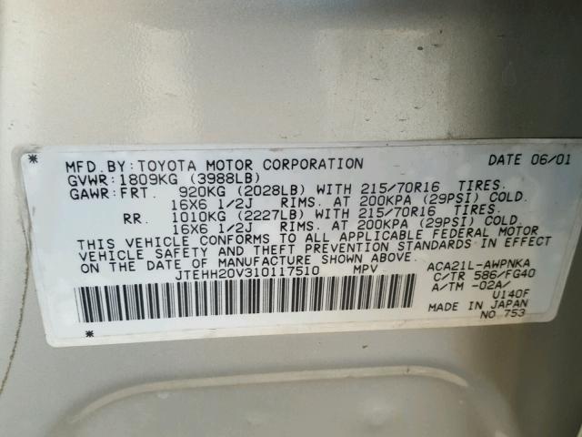 JTEHH20V310117510 - 2001 TOYOTA RAV4 SILVER photo 10