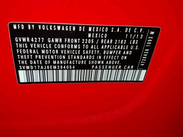 3VWD17AJ6EM394054 - 2014 VOLKSWAGEN JETTA SE RED photo 10