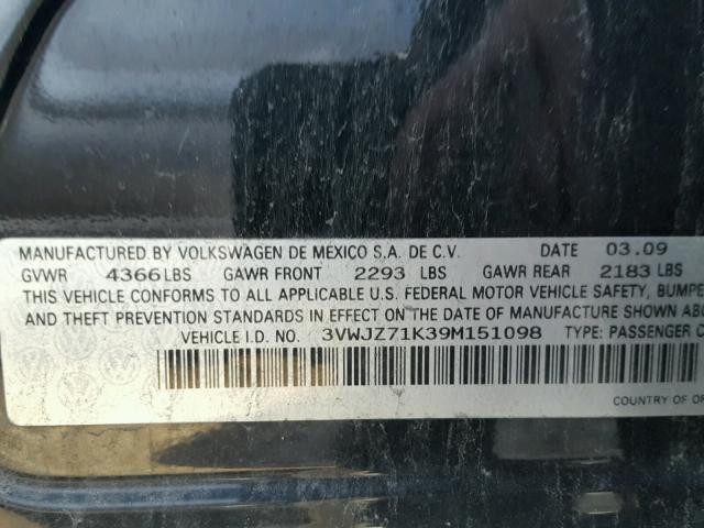 3VWJZ71K39M151098 - 2009 VOLKSWAGEN JETTA S Qara foto 10