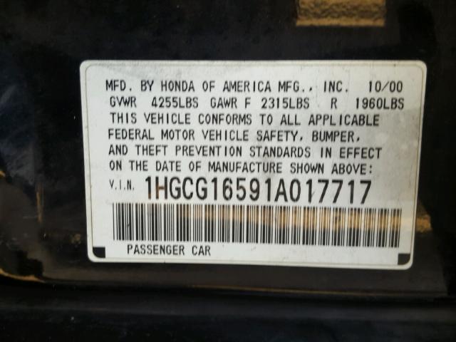 1HGCG16591A017717 - 2001 HONDA ACCORD EX BLACK photo 10