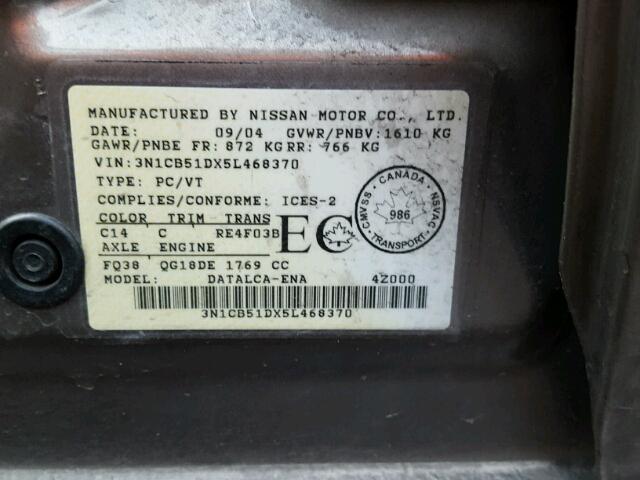 3N1CB51DX5L468370 - 2005 NISSAN SENTRA 1.8 GRAY photo 10