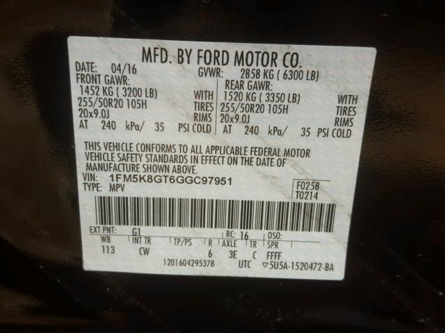 1FM5K8GT6GGC97951 - 2016 FORD EXPLORER S BLACK photo 10