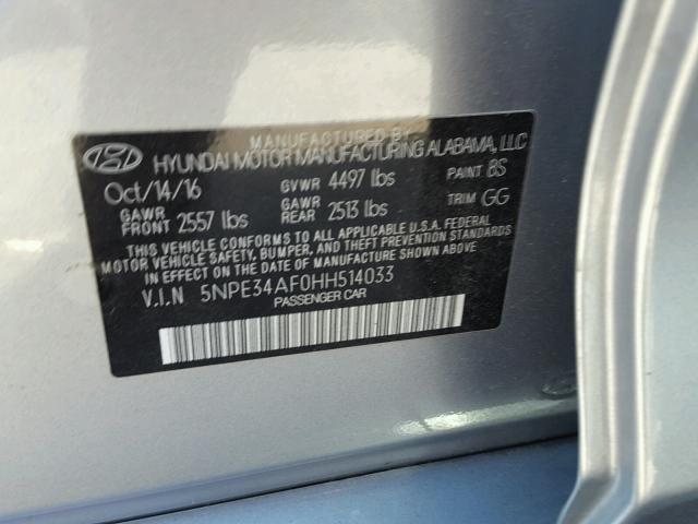 5NPE34AF0HH514033 - 2017 HYUNDAI SONATA SPO SILVER photo 10