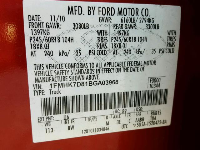 1FMHK7D81BGA03968 - 2011 FORD EXPLORER X RED photo 10