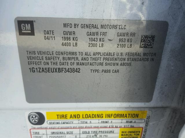 1G1ZA5EUXBF343842 - 2011 CHEVROLET MALIBU LS WHITE photo 10