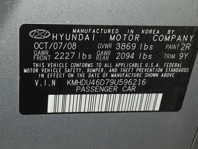 KMHDU46D79U596216 - 2009 HYUNDAI ELANTRA GL SILVER photo 10