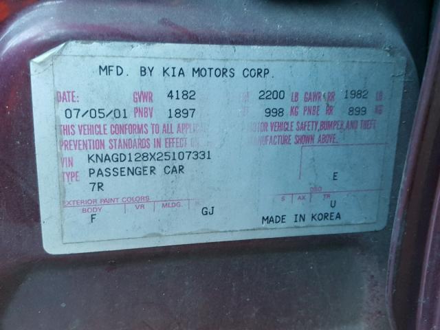 KNAGD128X25107331 - 2002 KIA OPTIMA MAG BURGUNDY photo 10