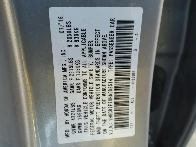 1HGCR2F70HA008514 - 2017 HONDA ACCORD EX SILVER photo 10