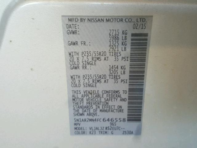 5N1AR2MN4FC646558 - 2015 NISSAN PATHFINDER SILVER photo 10