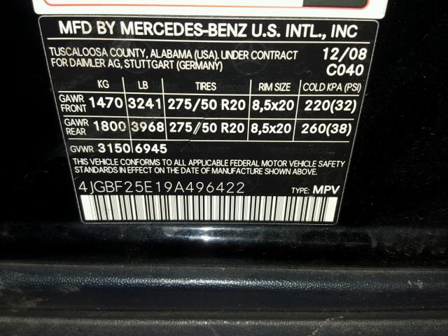 4JGBF25E19A496422 - 2009 MERCEDES-BENZ GL BLACK photo 10