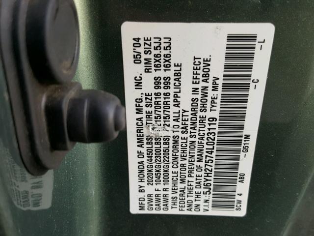 5J6YH27574L023119 - 2004 HONDA ELEMENT EX GREEN photo 10