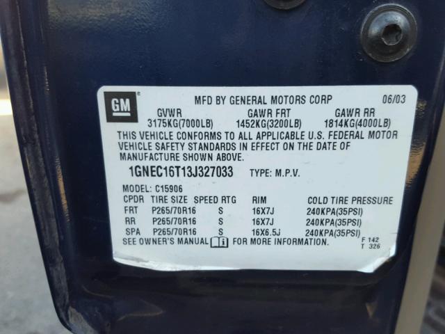 1GNEC16T13J327033 - 2003 CHEVROLET SUBURBAN C BLUE photo 10