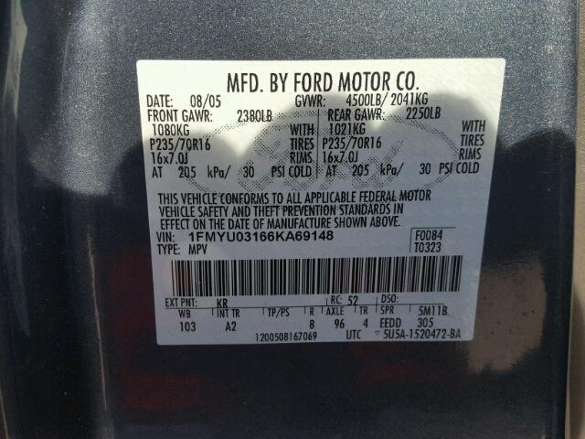 1FMYU03166KA69148 - 2006 FORD ESCAPE XLT BLUE photo 10