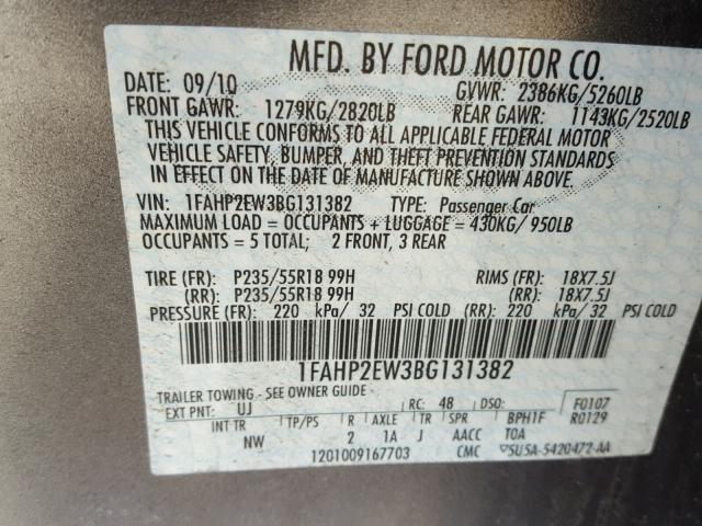 1FAHP2EW3BG131382 - 2011 FORD TAURUS SEL GRAY photo 10