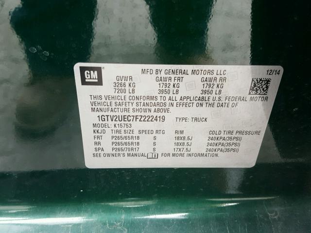 1GTV2UEC7FZ222419 - 2015 GMC SIERRA K15 GREEN photo 10