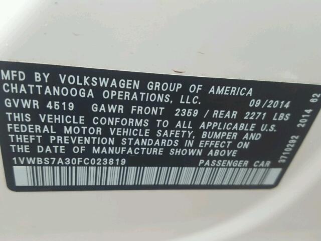 1VWBS7A30FC023819 - 2015 VOLKSWAGEN PASSAT SE WHITE photo 10