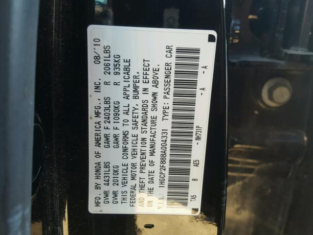 1HGCP2F88BA004331 - 2011 HONDA ACCORD EXL BLACK photo 10