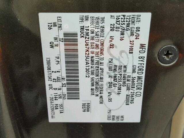 1FMZU67K25UA13012 - 2005 FORD EXPLORER S 棕色 照片 10