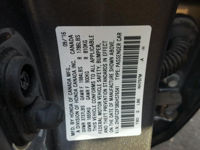 2HGFC2F58GH576541 - 2016 HONDA CIVIC LX GRAY photo 10