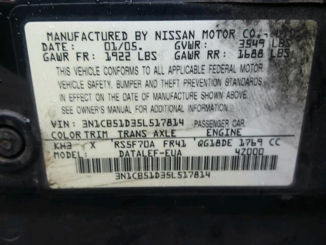 3N1CB51D35L517814 - 2005 NISSAN SENTRA 1.8 BLACK photo 10