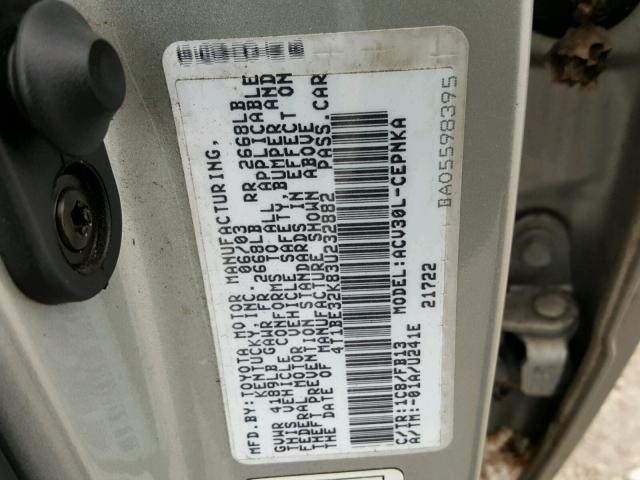 4T1BE32K83U232882 - 2003 TOYOTA CAMRY LE 灰色 照片 10