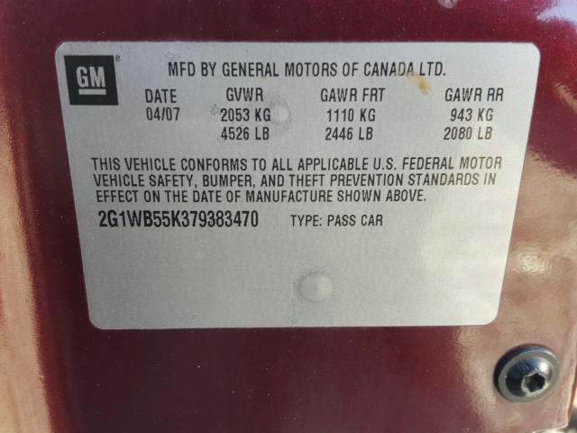 2G1WB55K379383470 - 2007 CHEVROLET IMPALA LS MAROON photo 10