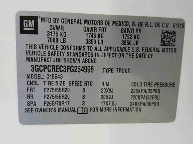 3GCPCREC3FG254996 - 2015 CHEVROLET SILVERADO WHITE photo 10