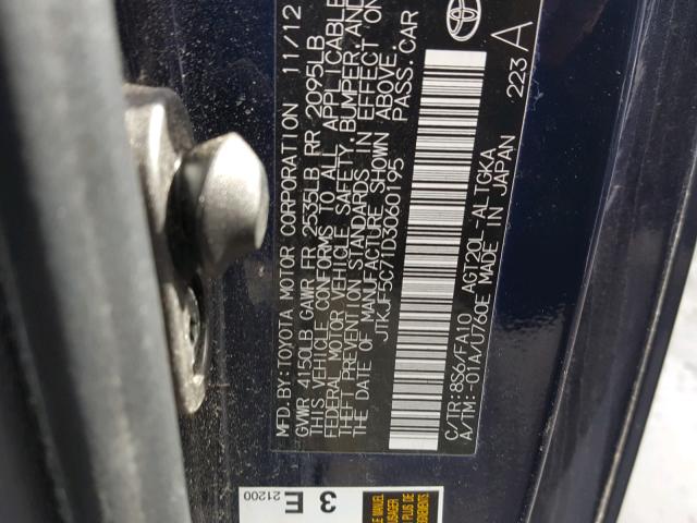 JTKJF5C71D3060195 - 2013 TOYOTA SCION TC 蓝色 照片 10