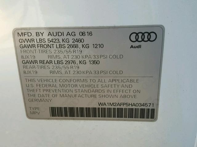 WA1M2AFP5HA034571 - 2017 AUDI Q5 PREMIUM WHITE photo 10