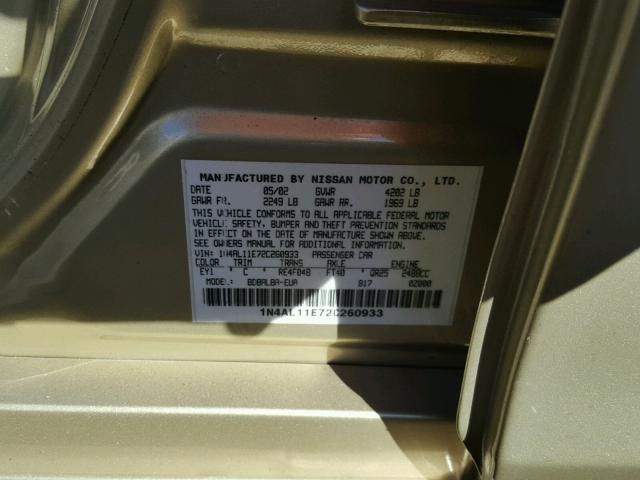 1N4AL11E72C260933 - 2002 NISSAN ALTIMA BAS GOLD photo 10