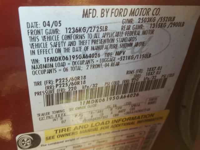 1FMDK06195GA64026 - 2005 FORD FREESTYLE RED photo 10