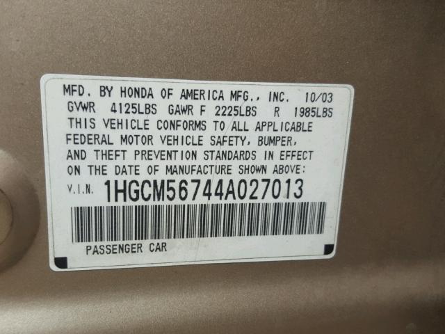 1HGCM56744A027013 - 2004 HONDA ACCORD EX GOLD photo 10