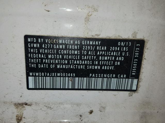 WVWDB7AJXEW003469 - 2014 VOLKSWAGEN GOLF WHITE photo 10