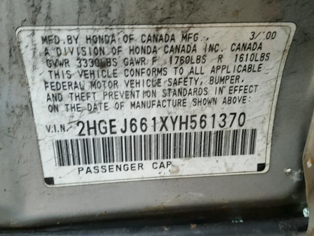 2HGEJ661XYH561370 - 2000 HONDA CIVIC BASE Gümüş foto 10
