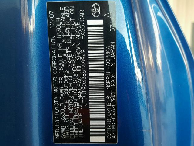 JTDJT903385168949 - 2008 TOYOTA YARIS BLUE photo 10