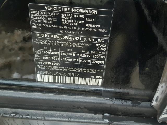 4JGBB75E96A029527 - 2006 MERCEDES-BENZ ML 500 BLACK photo 10