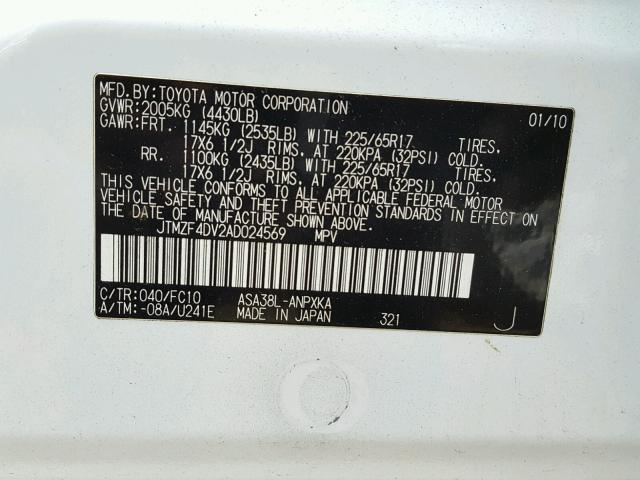 JTMZF4DV2AD024569 - 2010 TOYOTA RAV4 WHITE photo 10